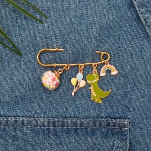 Enamel Brooch Cute Cartoon Dinosaur Balloon Rainbow Glass Ball Pendant Lapel Pins Trinket for Clothes Accessory Safe-Pin Design