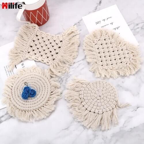 HILIFE Coffee Cup Mats Macrame Cup Pad Northern Europe Style Pure Handmade Cotton Braid Bohemia Table Mat