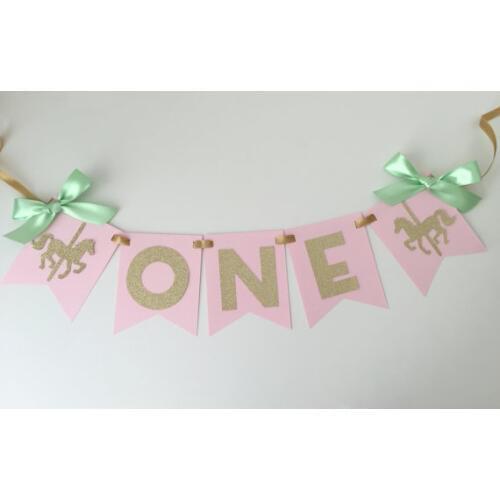Personalized Carousel horse birthday party high chair Banners baby shower buntings nursery room garlands photo booth