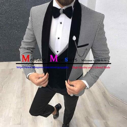 Classic Houndstooth Casual Mens Suits Slim Fit Wedding Blazer Black Check Groomsman Tuxedos 3 Pieces Sets (Jacket+Pants+Vest)