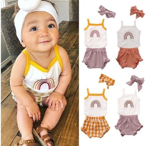 Baby Summer 3pcs Sleeveless Rainbow Jumpsuit Plaid Shorts Pants Headband Outfits Set Baby Unisex Clothes Newborn Clothes