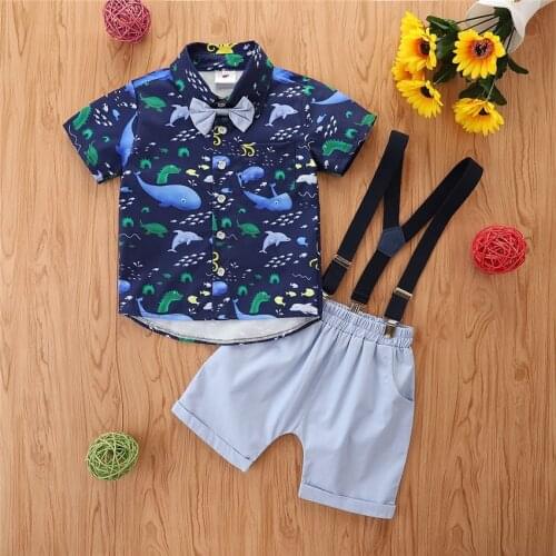 2Pcs Kids Clothes Boys Sets Summer Outfits Suit For Toddler Boys Tops And Suspender Shorts 2Pcs Baby Boy Clothes 1 2 3 4 5 Years