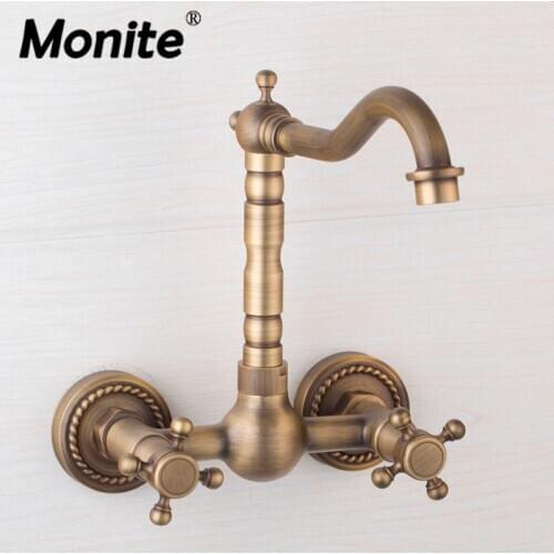 Wall Mounted Antique Bronze finish Stream Spout Bathroom Faucet Two Handles basin mixer tap Hot & Cold Water Mixer