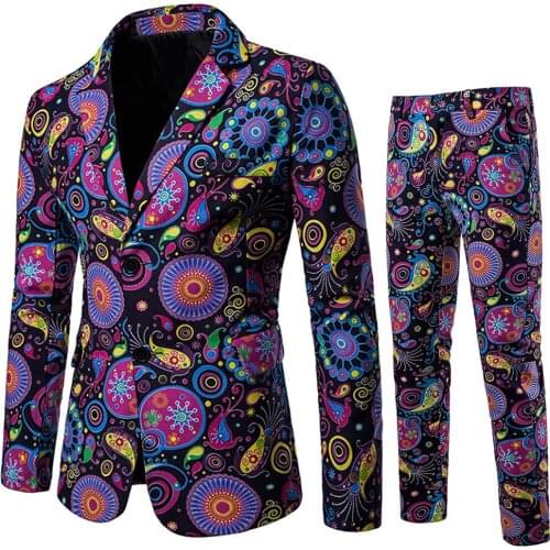 2019 New Mens (Jacket+Pants) Casual Mens Suits National Style Printing Blazers Two Piece Set Groom Wedding Dress Prom Party
