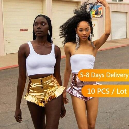 Bulk Item Wholesale Lots Summer PU Leather Shorts Women Clothing Solid Color Ruffles Sexy Shorts V-shaped Women Shorts Bottoms