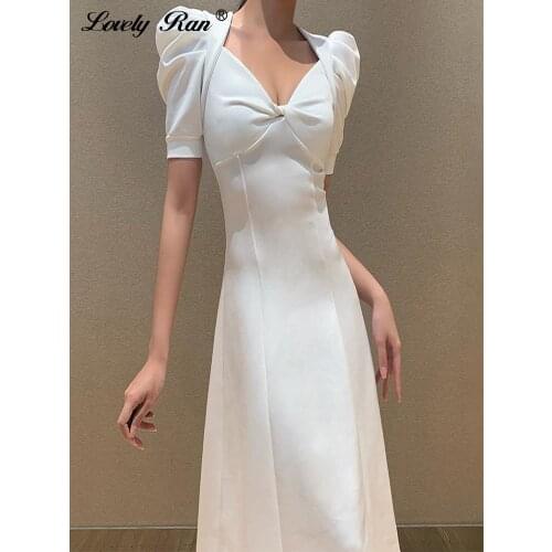 Sexy Womens White Elegant Party Dresses Puff Sleeve V-neck A-Line Dress Patchwork Slim 2021 Summer Club Vestidos Fashion