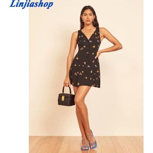 Chic slim mini dress sleeveless summer autumn short beach dress black floral print femme vestidos