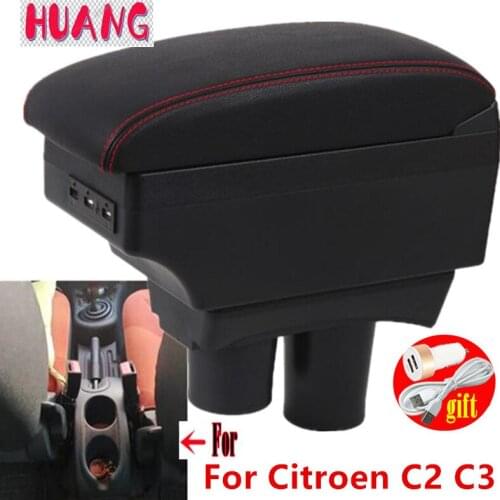 For Citroen C2 armrest box For Citroen C2 C3 USB Charging heighten Double layer central Store content holder ashtray accessories