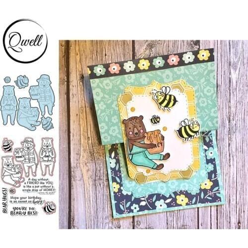 QWELL Bear Partners Cutting Dies & Clear Stamps Combos Bees Life Saying Sentences DIY Scrapbooking Craft Album 2020