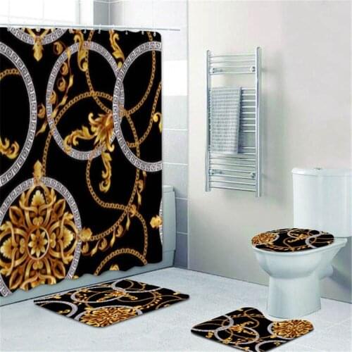 Luxury Black Gold Baroque Shower Curtain Set Modern Golden Damask Long Bathroom Curtains Bath Mats Rugs Accessories Home Decor