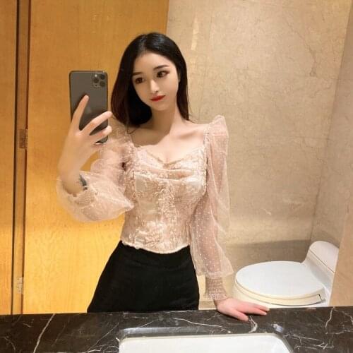 Sexy Club Crop Top Women Blouses Mesh Long Sleeve Slim Fashion Brand Ladies Tops V-neck Low-cut Perspective Blusas Mujer De Moda