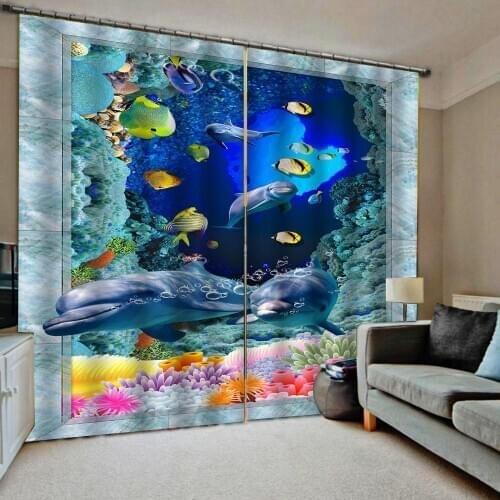 Blue curtains Beautiful Photo Fashion Customized 3D Curtains ocean dolphin curtains Decoration curtains