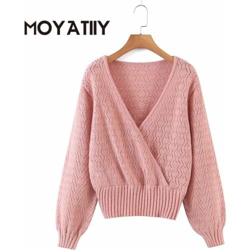 MOYATIIY Fashion Women Hollow Breathable Thin Sweaters Spring Retro Deep V-Neck Collar Pullovers Female Slim Lantern Sleeve Tops