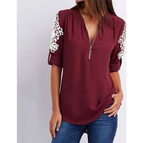 Loose Summer Sexy Tops 2021 Women Lace Splicing Short Sleeve Zipper T Shirts V-Neck Feminine T-shirt Футболки с коротким рукавом