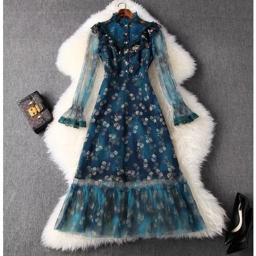 2020 spring and summer womens new lace ruffled print waist bell sleeve fishtail mesh dress T3741