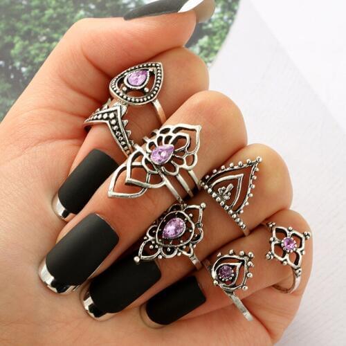 TianBo Vintage Tibetan Flower Ring Set Crystal Knuckle Midi Ring for Women Retro Boho Beach Anillos Punk Jewelry Party 7PCS/set