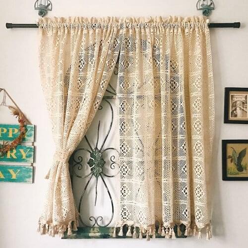 Beige Crochet Hollow-out Short Curtain with Tassel American Country Retro Home Garden Porch Kitchen Window Decor Drapes ZH304#5