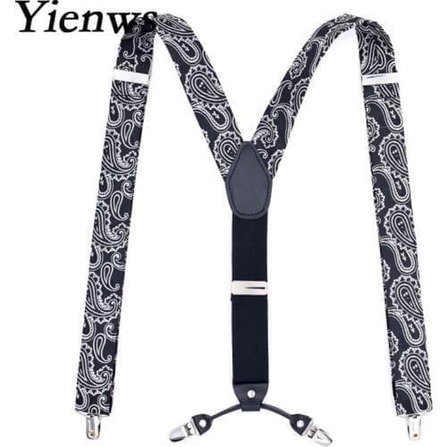 Yienws Mens Pants Suspenders 4 Clasp Elastic Jacquard Suspensorio Bretels Man Vintage Trousers Brace Strap for Tall YiA083