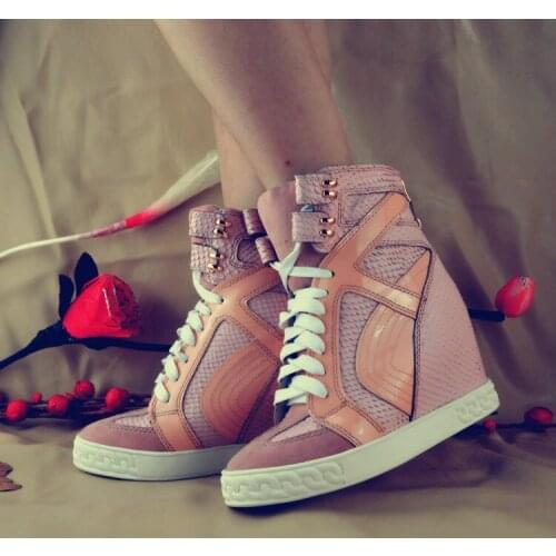 Decor Ankle Boots Wedge Sneakers For Women Genuine Leather Height Increasing Lace Up Casual Hidden Heels Platform Shoes Woman