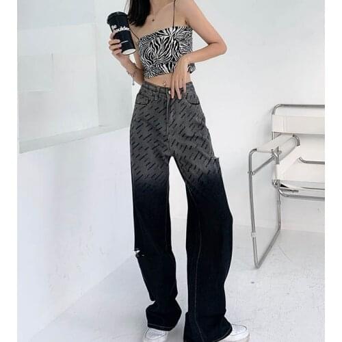 WomenS Harajuku Gradient Ripped Jeans Korean Fashion Letter Print WomenS Pants Streetwear 2021 Casual Straight Pants y2k