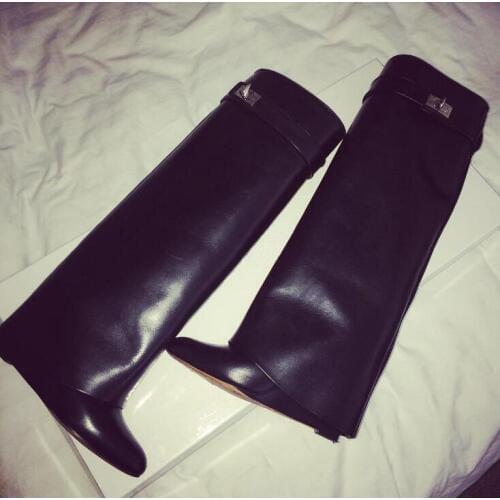 Black Smooth Leather Women Fashion Knee High Knight Boots Lock Buckles Ladies High Heel Boots Navy Blue Suede Boots Size 42