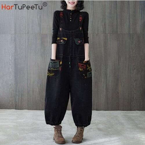 Print Denim Jumpsuit Women 2021 Autumn New Arrival Black Overalls Baggy Loose Pockets Jeans Plain Size M~2XL Bib Pants