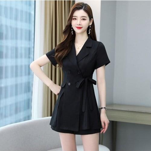 2021 Summer New Womens Slim Short Blazer Dress Set Fashion Black Lace Up Blouse Short Pants Lady OL Style Two Piece Suit aq378