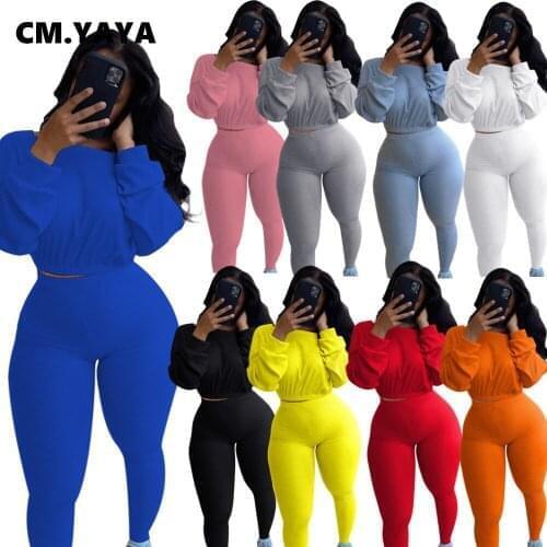 CM.YAYA Knitted Ribbed Womens Set Long Sleeve Sweater Top Pencil Pants Suit Active Wear Tracksuit Two Piece Set Fitness Outfits