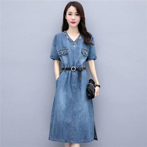 New Summer Style Women Dresses V-Neck Casual Solid Collect Waist Belt Short Sleeve Jeans Dress For Females Denim One-Piece