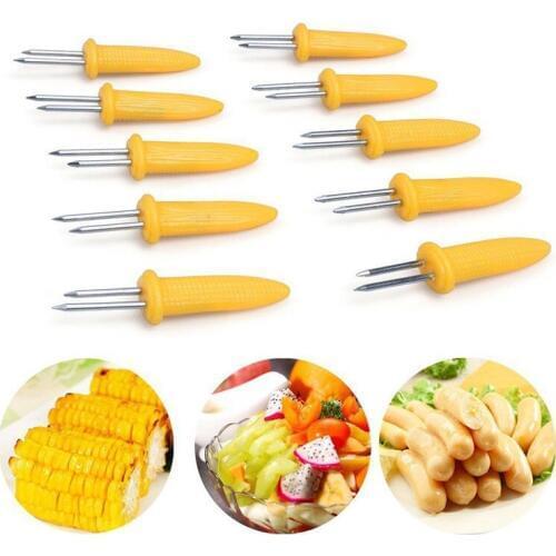 10 pcs/set Mini Multi-Function Recyclable Stainless Steel Corn Fork BBQ Food Holder Home Kitchen Party Barbecue Supplies