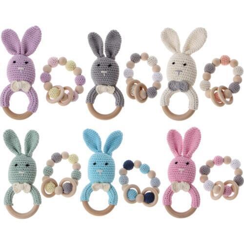 2Pcs Baby Wooden Teether Bracelet Crochet Bunny Newborn Teething Ring Chewing Toy Baby Shower Gift Infant Chew Toy