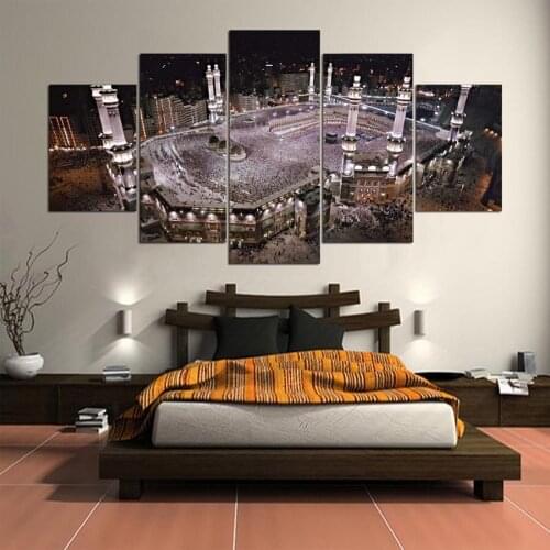Large Poster HD Printed Painting Canvas 5 Panel Kaaba Print Art Home Decor Wall Art Islam Night Scene For Living Room framework