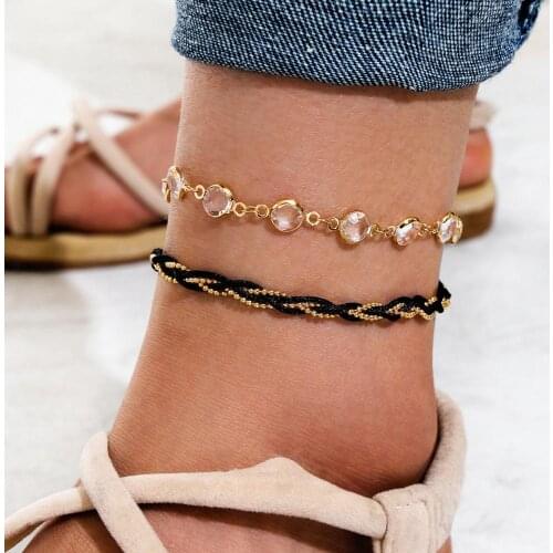Boho Gold Crystal Chain Anklet Set for Women Black Weaving Charms Beaded Anklet Bracelet On Leg Beach Anklet Female Foot Jewelry
