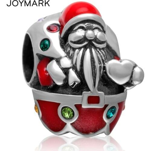 Red Enameled Zircon Pave Santa Claus Large Hole Authentic 925 Sterling Silver European Charm Beads Christmas Gifts SEPB2101