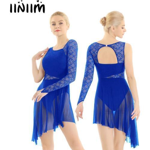 Women Adults Single Long Sleeve with Fingertip Lace Bodice Asymmetric Leotard Dress for Lyrical Modern Contemporary Ballet Dance