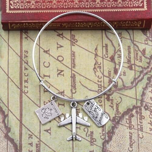 Dropshipping Enjoy Travel Earth Airplane Passport Compass Bracelet Silver Color Color Bracelets Bangles Fashion Jewelry Gift