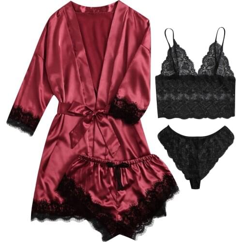 Exotic Accessorieswomen Lace Satin Wireless Bra Camisole Shorts Pajamas Robe Four Piece Set Lingerie Трусы Женские Кружевные2021