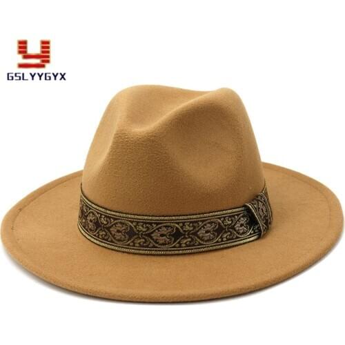 New Fashion Flat Wide Brim Woolen Felt Fedora Hat Autumn Winter Men Women British Classic Jazz Hat L XL
