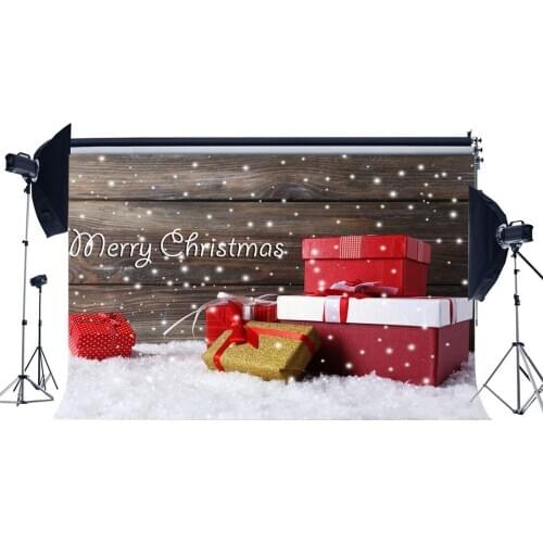 Photography Backdrop Christmas Gift Box Bokeh Heavy Snow Vintage Wood Floor Winter Xmas Backdrops Happy New Year Background