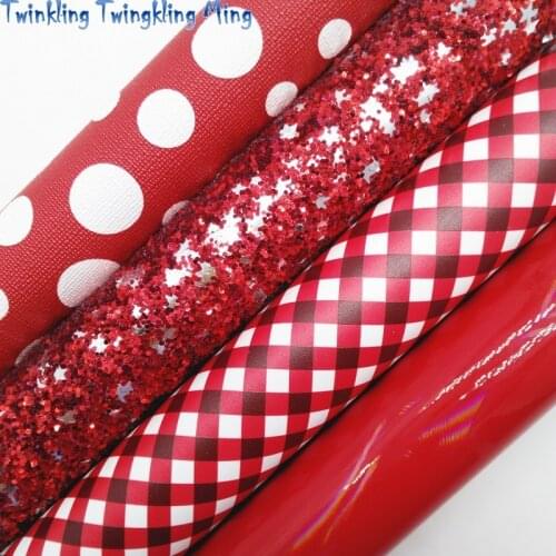 Red Glitter leather with Stars, Polka Dots Plaids Printed Synthetic Leather Faux Sheet For Bow 21x29CM Twinkling Ming KM377