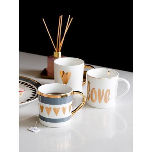 Ceramic mugs with handgrip gold heart letters printed 335ml Europe style breakfast coffee milk tea mug creative cups gifts