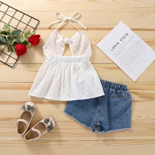 1-6Years Kids Baby Girls Clothes Sets 2021 Summer Sleeveless Halter Lace Ruffle Cami Tops + Denim Shorts Fashion Girls Outfits