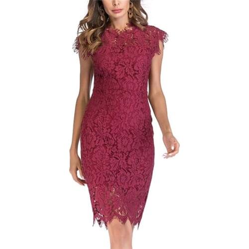 Summer Dress Elegant Chic Embroidery Lace Party Dress Women Sexy Hollow Out Solid Color Office Bodycon Pencil Knee-Length Dress