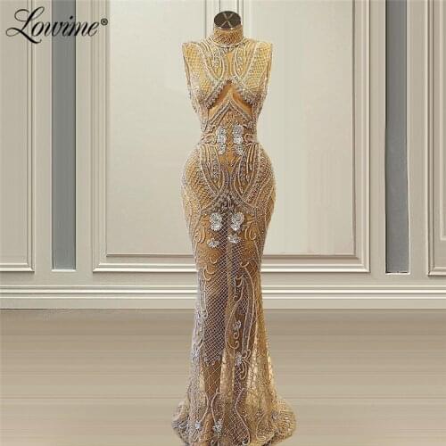 Lowime Heavy Beaded Crystals Evening Dresses Luxury Illusion Party Gowns For Wedding 2021 Couture Arabic African Celebrity Dress