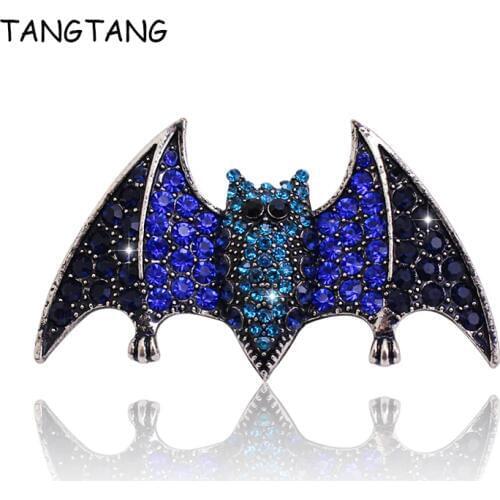 Personality Vintage Aerial Mammal Bat Brooch With Royal Blue Rhinestone Antique Color Jewelry For Men Hijab Scarf Pin, BH8361