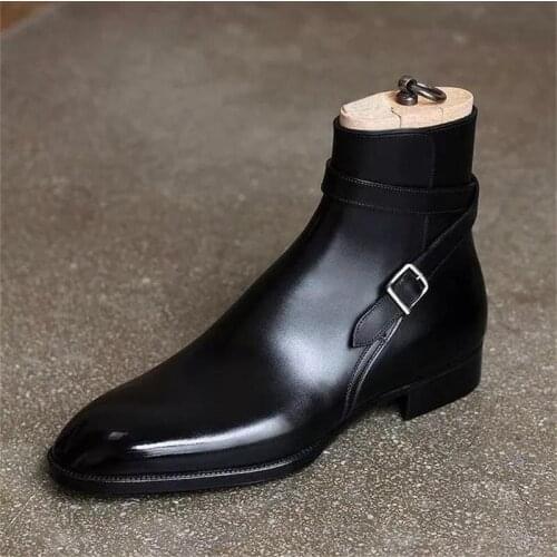 New Male Handmade Black PU Classic Belt Single Buckle Low Heel Comfortable Retro Fashion All-match Dress Chelsea Boots 6KF542