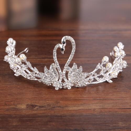 New Trendy Swan Style Crystal Tiara Bridal Wedding Hairwear Silver Color Pearl Princess Hair Jewelry Wedding Crown