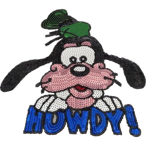 New Arrival Cartoon Sequined HOWDY Dog SEW ON patches for baby cloth DIY