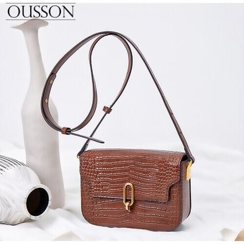 OUSSONFashion, leisure, light and versatile one-shoulder messenger portable crocodile texture top layer leather small square bag