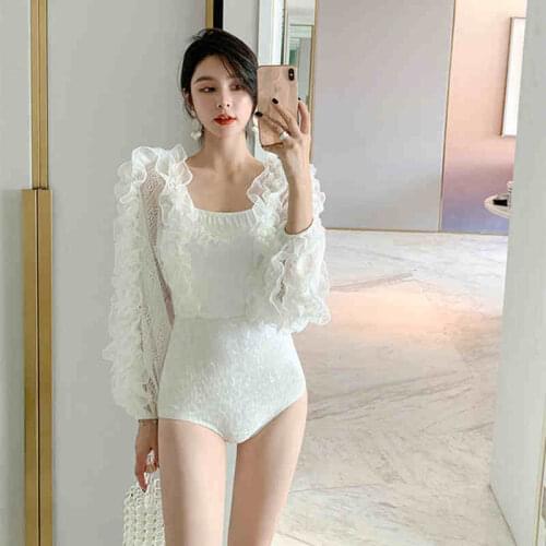 Korean New Style Popular Lace Bubble Long-Sleeved Pleated Lace Embellished Retro Dreamy Temperament Sexy High Waist Swimsuit